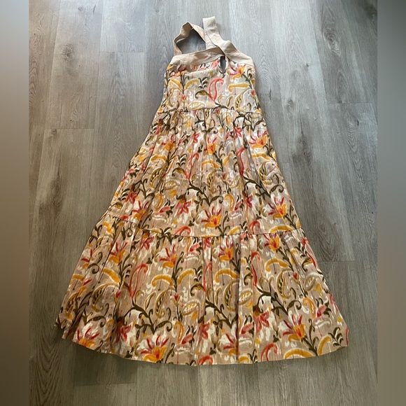 mon renn kindred tan print cut out halter neck linen blend tiered maxi dress new - Picture 5 of 8
